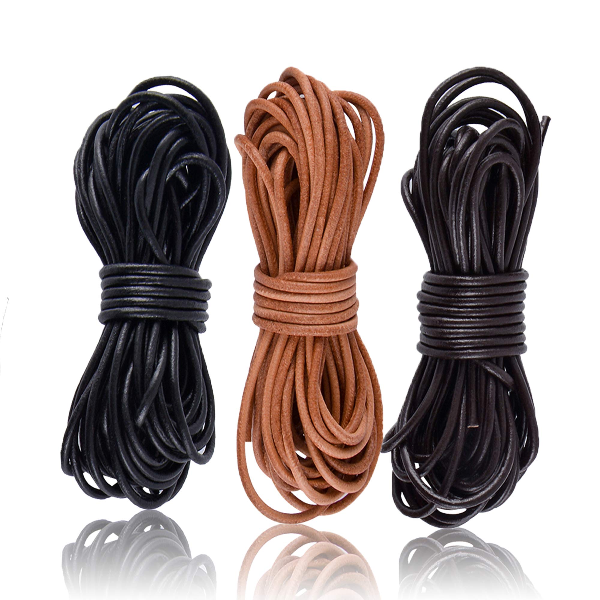 SOSMAR 3 Rolls 5M X 2MM Cowhide Round Leather Cords Rope String for Bracelet Necklace Jewelry Making Lanyards DIY Crafts, Black, Dark Brown, Natural Brown Top Grain Leather Cord — image 1