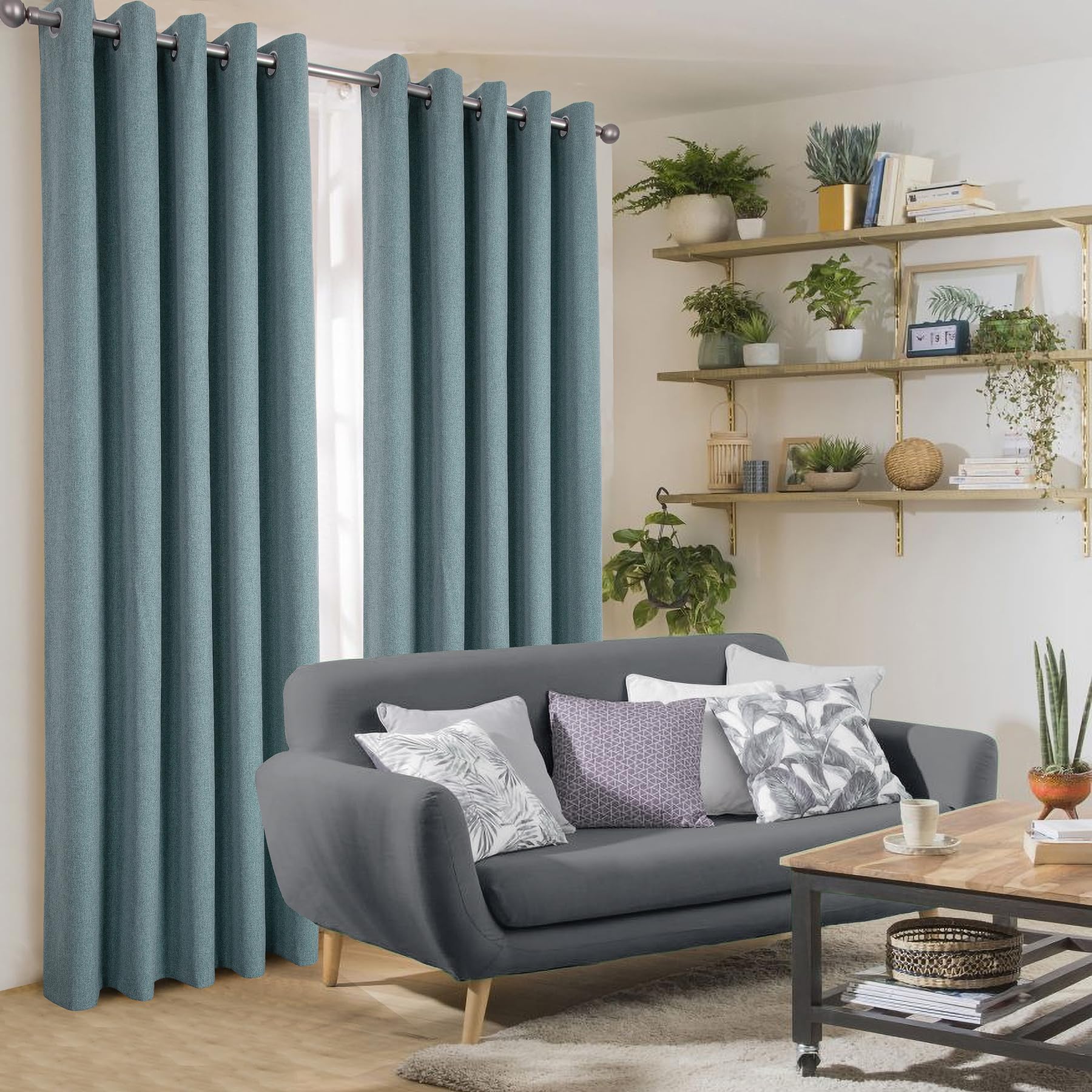 always4u 100% Blackout Curtains for Bedroom Thermal Linen Look Window Drapes For Home Decoration Eyelet Blue Curtain Without Linings for Living room Pair of W66*L72
