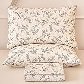 Huborise Beige Floral Bed Sheets Set 100% Cotton Percale Weave Bedding Queen Size Vintage Toile Flower Printed Sheets, Soft & Breathable Khaki Luxury Bedding, Deep Pocket Fitted Sheet 17.5", 4 Pieces