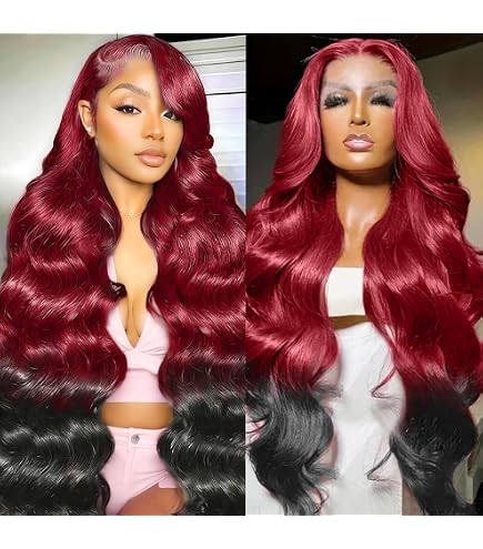 Black Red Ombre Deep Beach Wave Lace Front Wig 24\