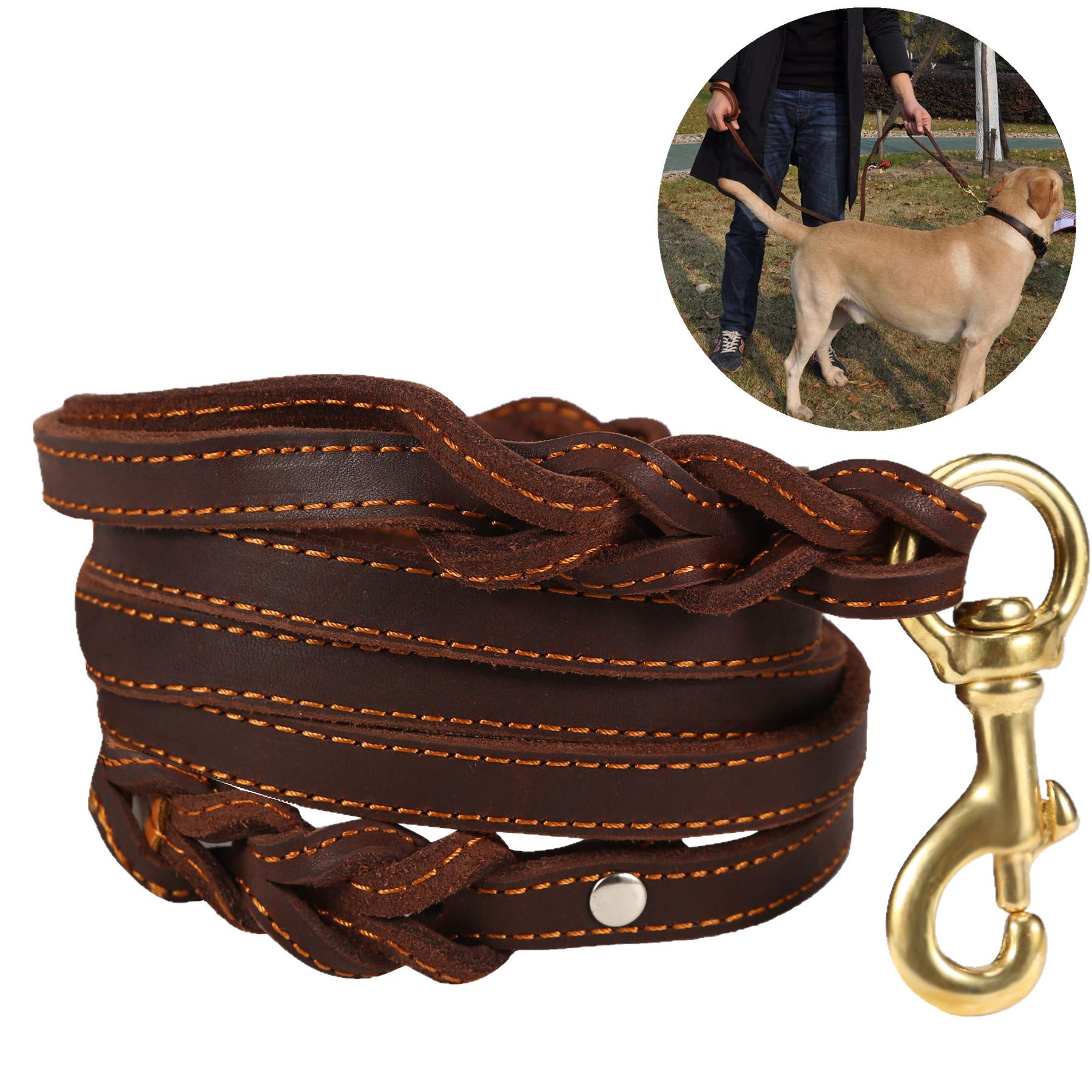 JYHY Leather Dog Leash with Double Handle - 6 ft Long & 5/8" Wide Braided Genuine Leather Dog Leash for Large, Medium & Small Dogs Training & Walking