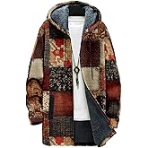 MARSVOVO Retro Patchwork Long Hooded Cardigan for Men Casual Stylish Fleece Lined Zip Up Hoodies Spring Fall Warm Jacket