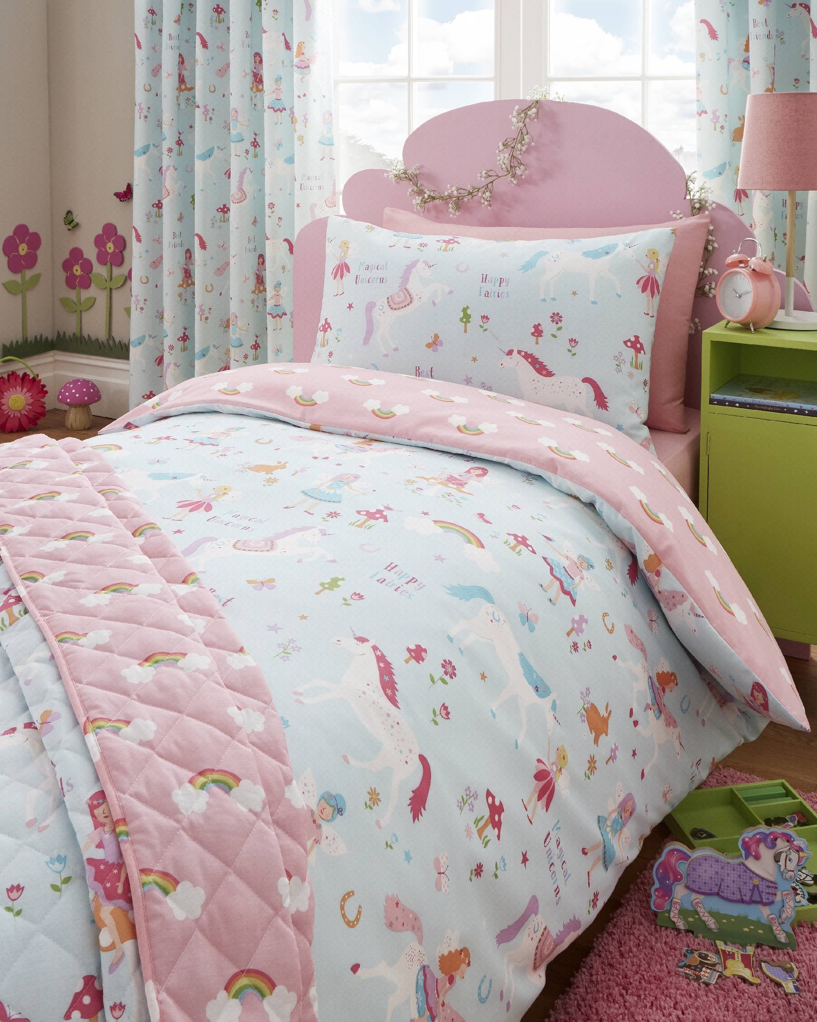 Kidz Club Magical Unicorns Childrens Double Bed Duvet Cover and Pillowcases Set, Blue — image 1