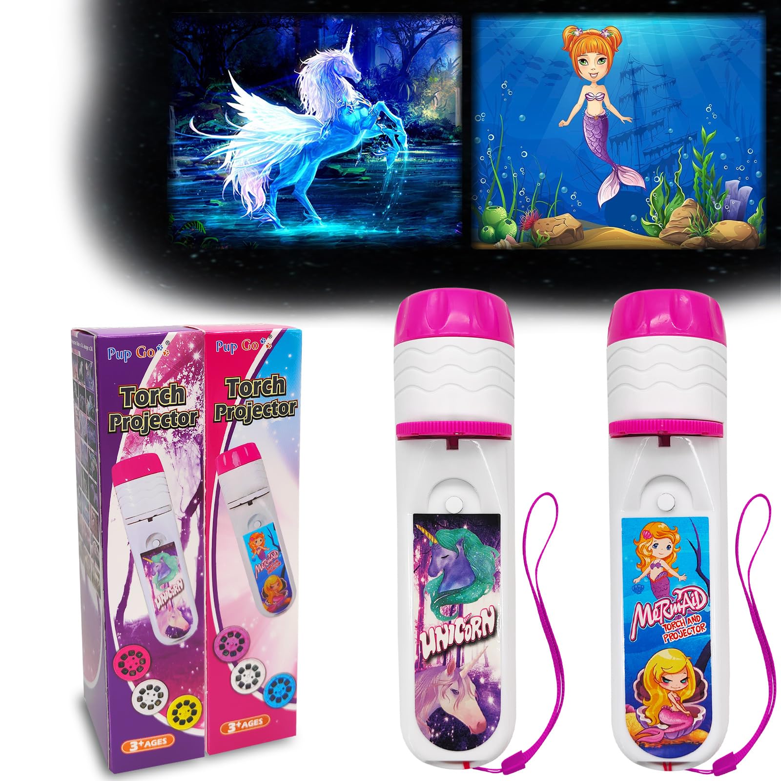 Pup Go Mermaid & Unicorn Torch and Projector for Kids Ages 3+, 2-Pack with 6 Discs and 48 Images, Fairy Unicorn Toy for Girls, Pink Kids Torch, Educational Science Kits for Toddlers and Children