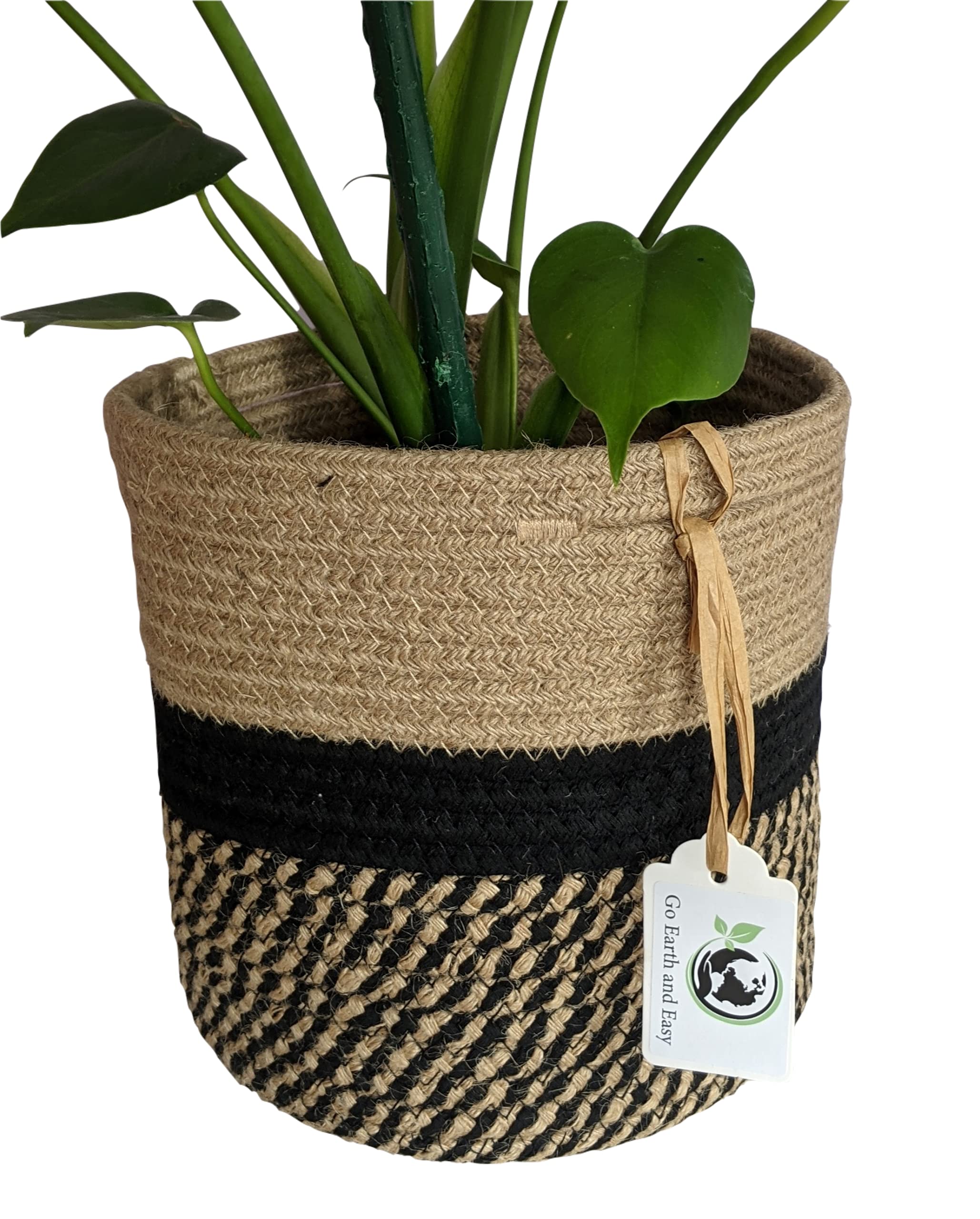 Cotton Jute Rope Plant Pot Woven Basket. Sturdy Planter or Storage Organiser for Laundry, Towels, Toys, Logs. Beige and Black (20cms x 20cms)