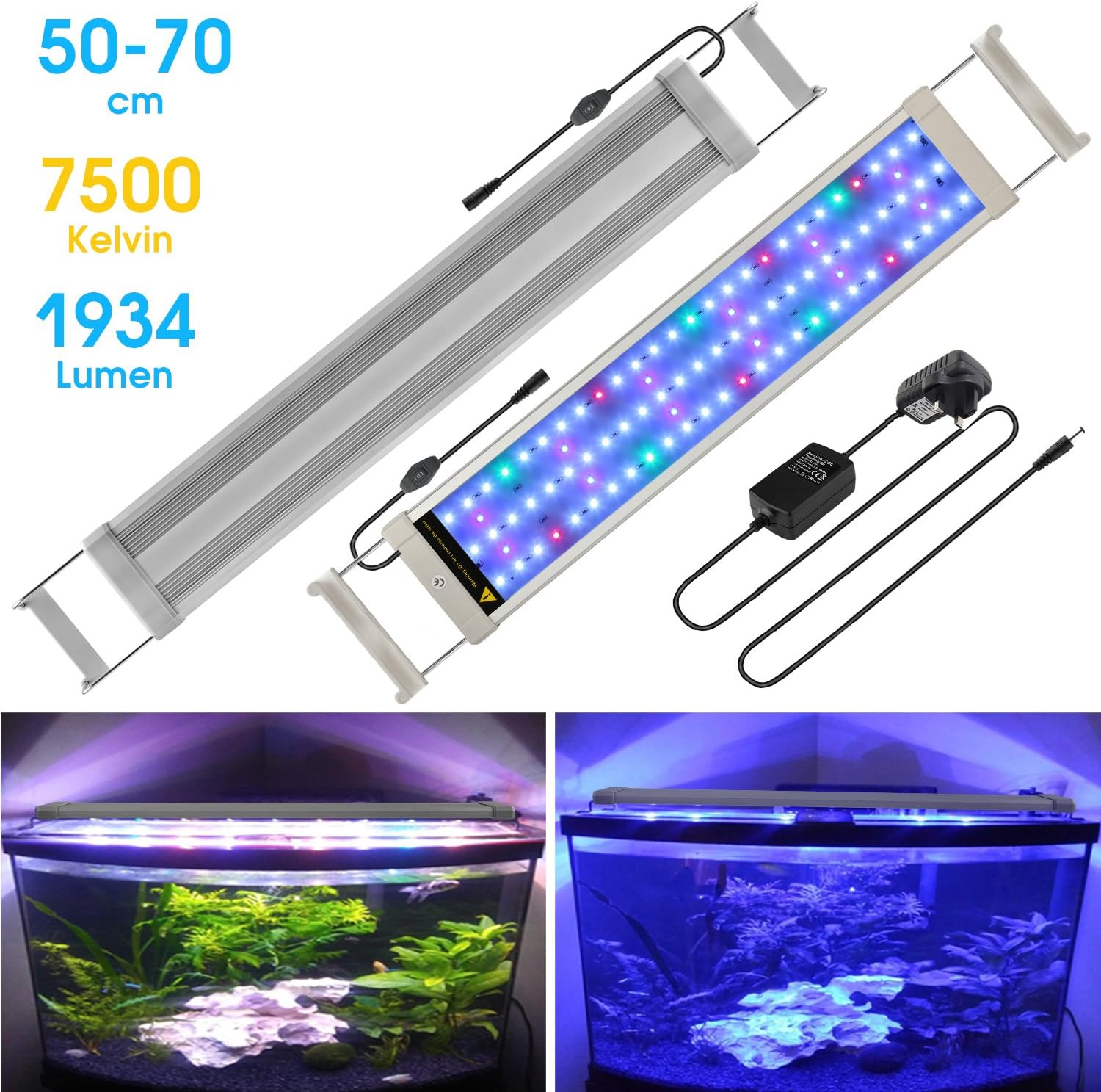 MAINLICHT Aquarium Light with RGB and Blue LED for 19"-27" Fish Tank Full Spectrum Aquarium Lights Plant Lighting Suitable for for Aquatic, Reef, Plants and Fish Keeping (Silver Shell 90 LEDs)