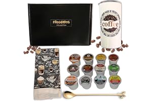 FROGGYDOG Coffee Gift Set with 12oz Stainless Steel Tumbler, 12 K Pods, Dish Towel and Gold Toned Spoon with leaf design | Gift Basket for Coffee Lovers (12oz White)