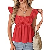 Rooscier Women's Square Neck Ruffle Cap Sleeve Ruched Peplum Babydoll Blouse Tank Tops