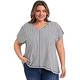 VIBOHCILLE Plus Size Tops for Women V Neck Short Sleeve Vertical Stripe Drop Shoulder Knit Blouses