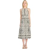 Donna Morgan Women's Printed Linen Rayon Midi Sleeveless High Neck Elegant A-line Wedding Guest Dress
