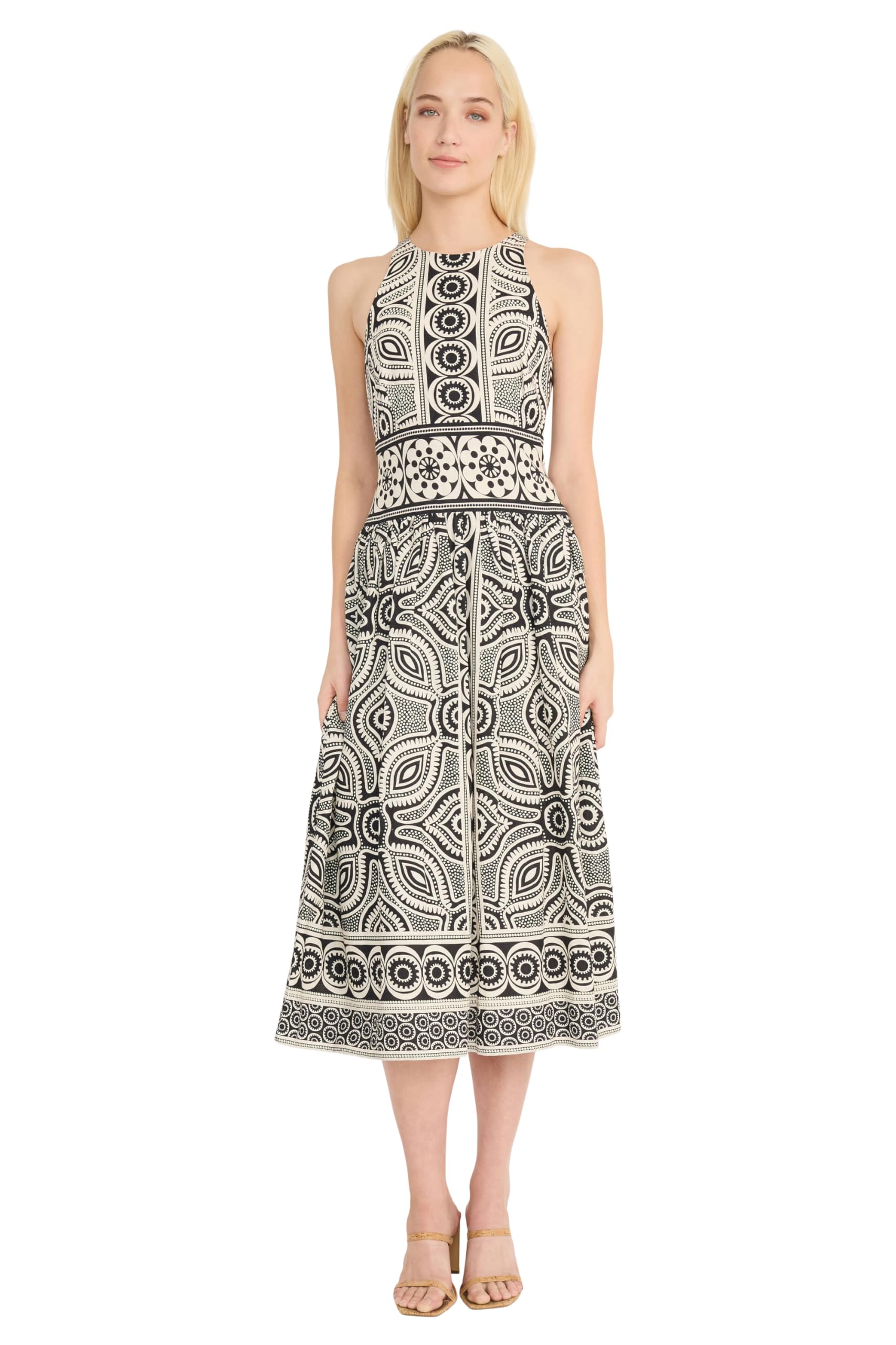 Photo 1 of ** SIZE 4**Donna Morgan Women's Printed Linen Rayon Midi Sleeveless High Neck Elegant A-Line Wedding Guest Dress, Black/Cream