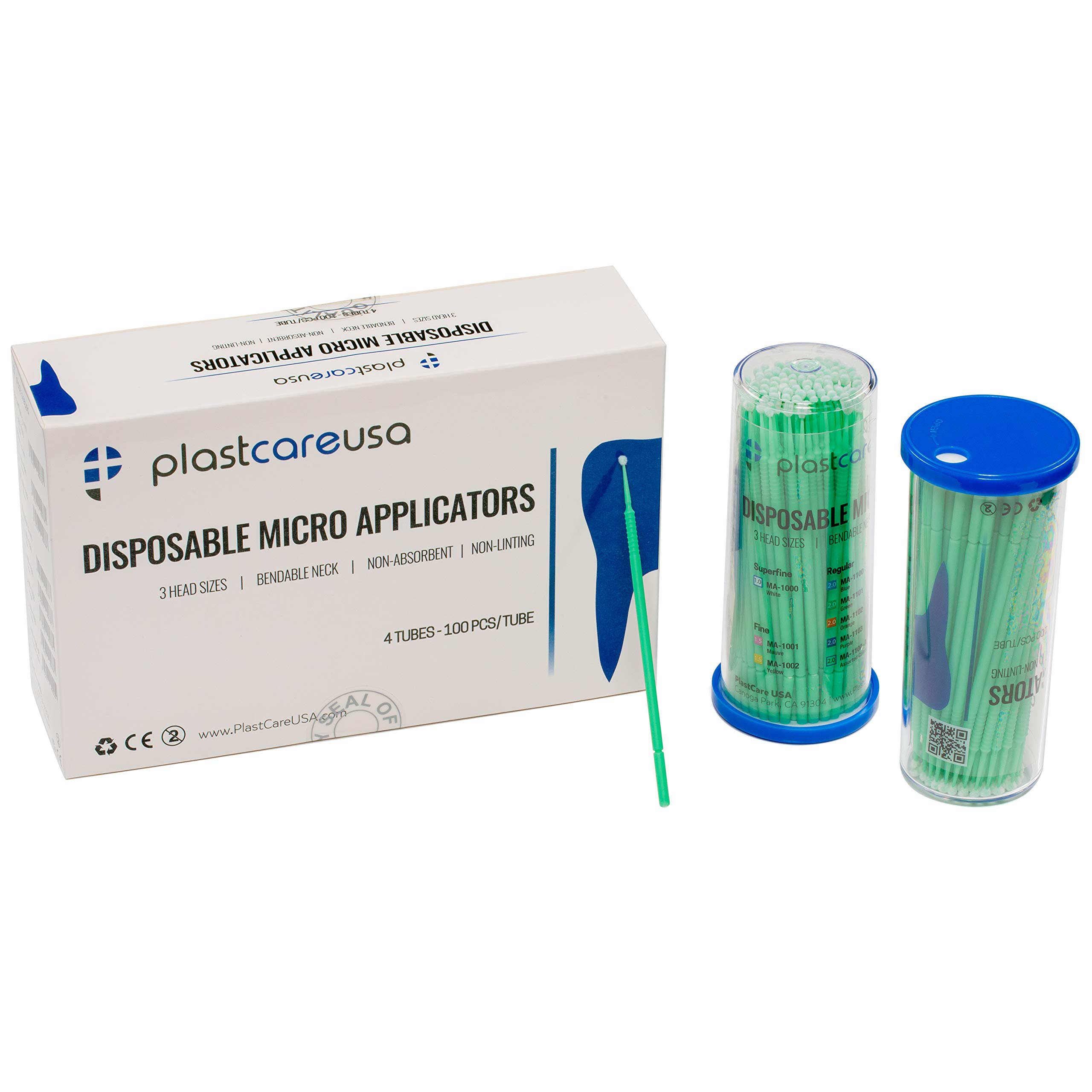Photo 1 of 400 Regular Micro Applicator Brushes - Disposable Dental Microbrushes with Bendable Tip - Microswabs for Eyelash Extensions - Microbrush Applicator Sticks with Cotton Tip (Green, 4 Tubes of 100)