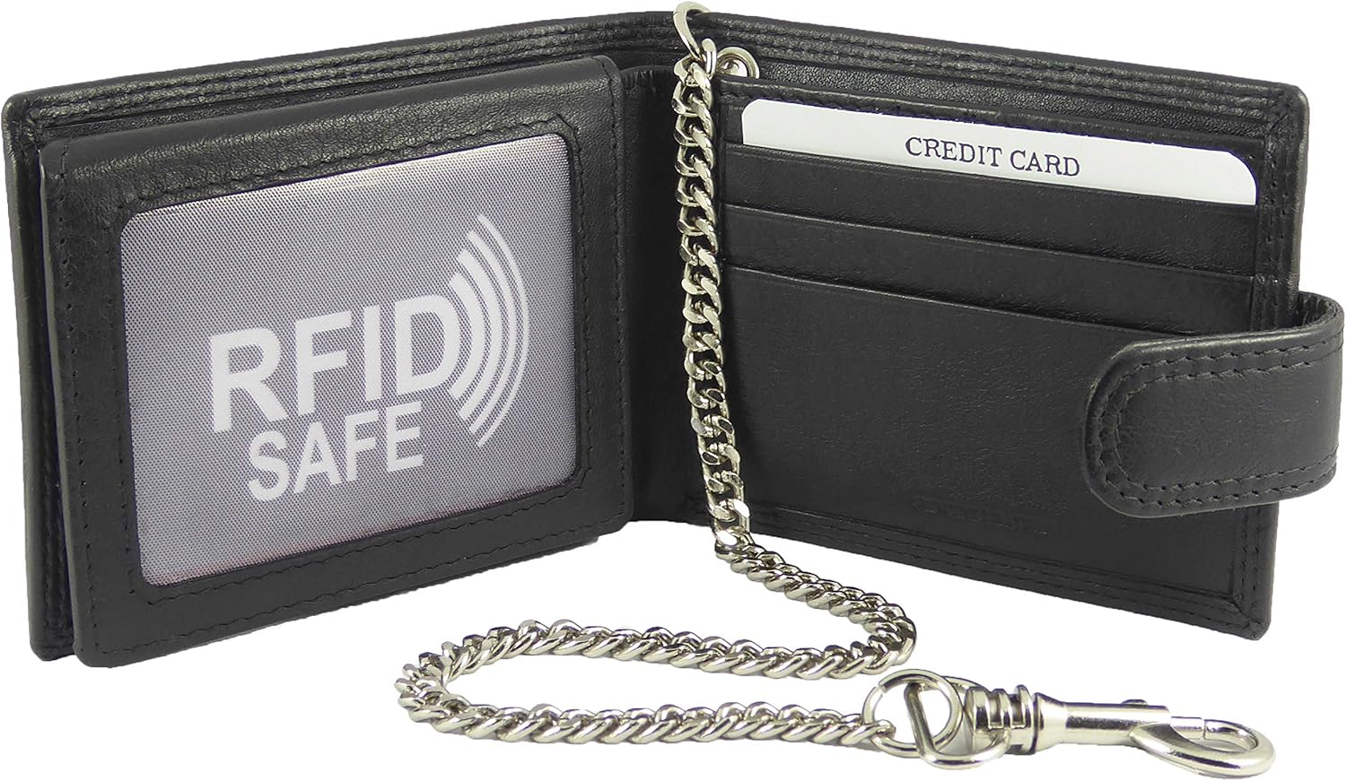 Hide and Sleek Mens Leather Security Chain Wallet, Notes, 8 Card Slots (Black)