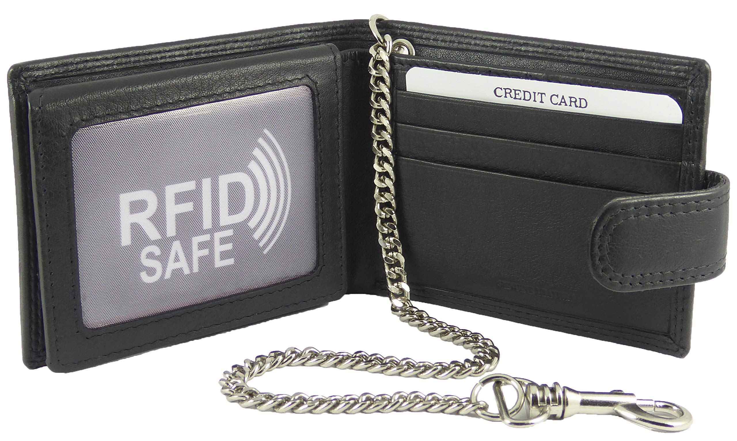 Hide and Sleek Mens Leather Security Chain Wallet, Notes, 8 Card Slots (Black)