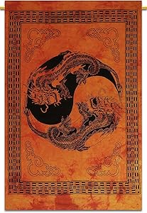Sophia-Art Tapestry Boho Boho Psychedelic Decor Indian Handmade Hanging Indian Tapestries Dragon Hippie Yin-Yang/Moon-Wolf Wall Wall Poster (Yin-Yang Orange)
