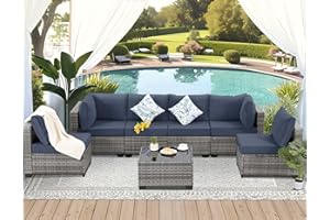 FHFO 7 Piece Outdoor Wicker Patio Furniture Set, Rattan Sectional Sofa Couch, Patio Conversation Set with Cushion & Coffee Table, for Backyard Poolside Porch Garden, Grey-Navy Blue