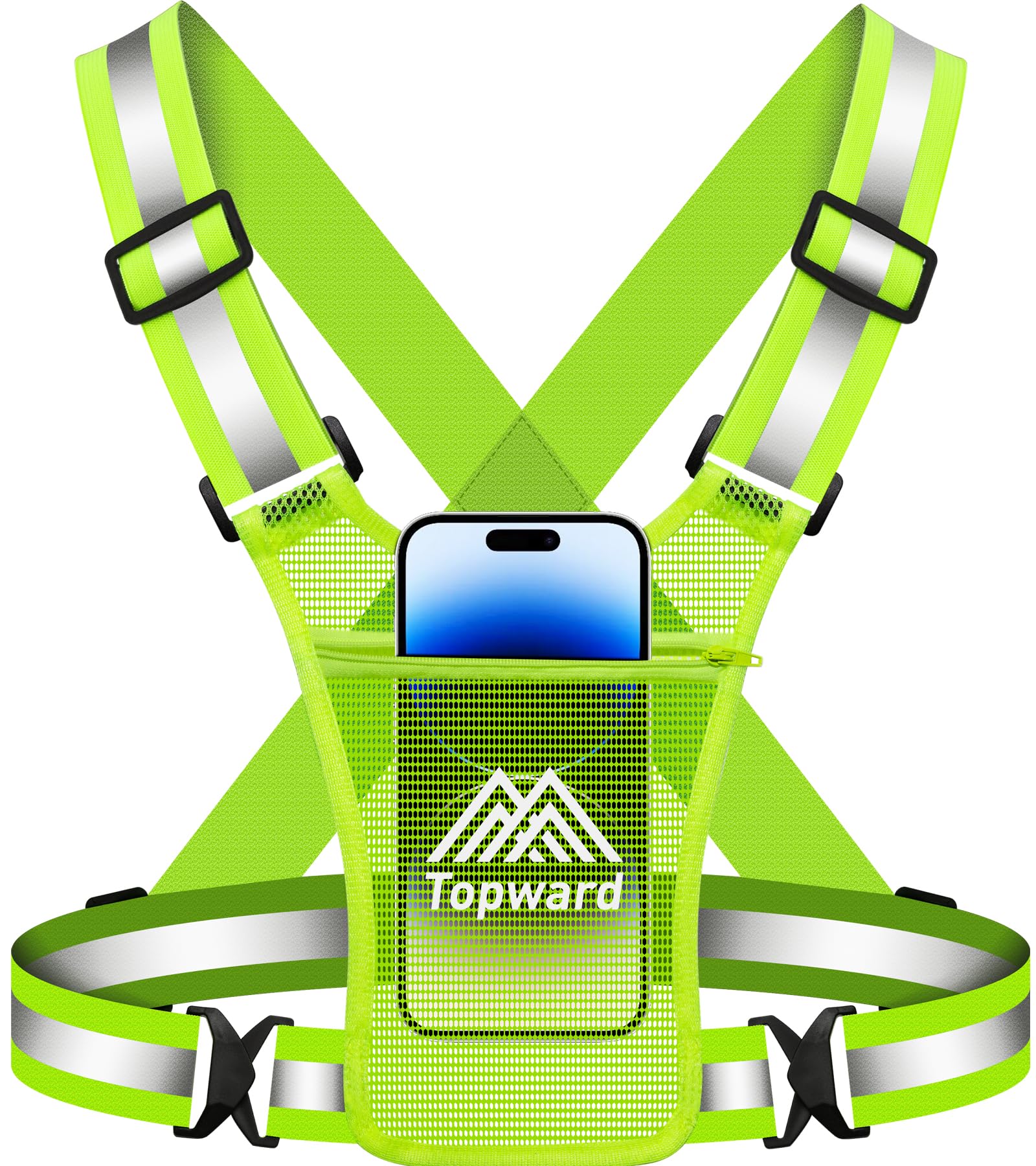 Topward Running Vest Phone Holder with Chest Pouch - Reflective Safety Vest for Dog Walking Cycling - High Visibility with Adjustable Waist/Shoulder - Lightweight - Men & Women
