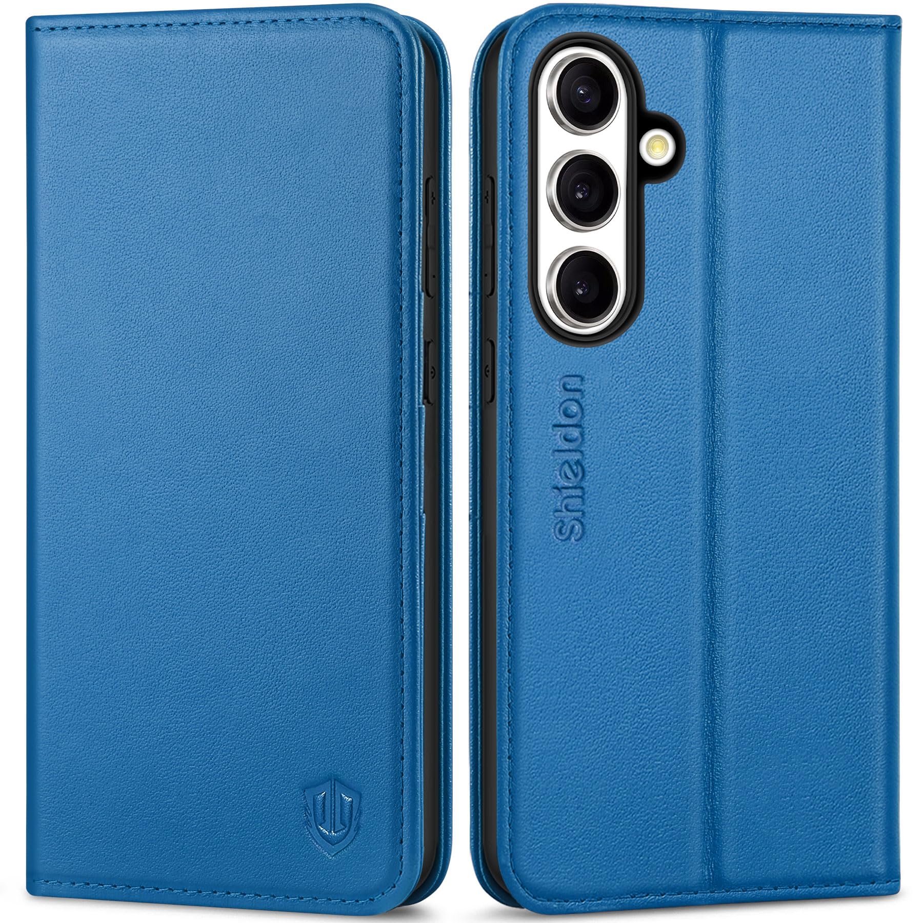 SHIELDON Wallet Case for Galaxy S25+ 6.7", Genuine Leather RFID Blocking Card Holder Kickstand Magnetic Shock Absorbing Protective Cover Compatible with Galaxy S25 Plus 2025 - Sapphire Blue