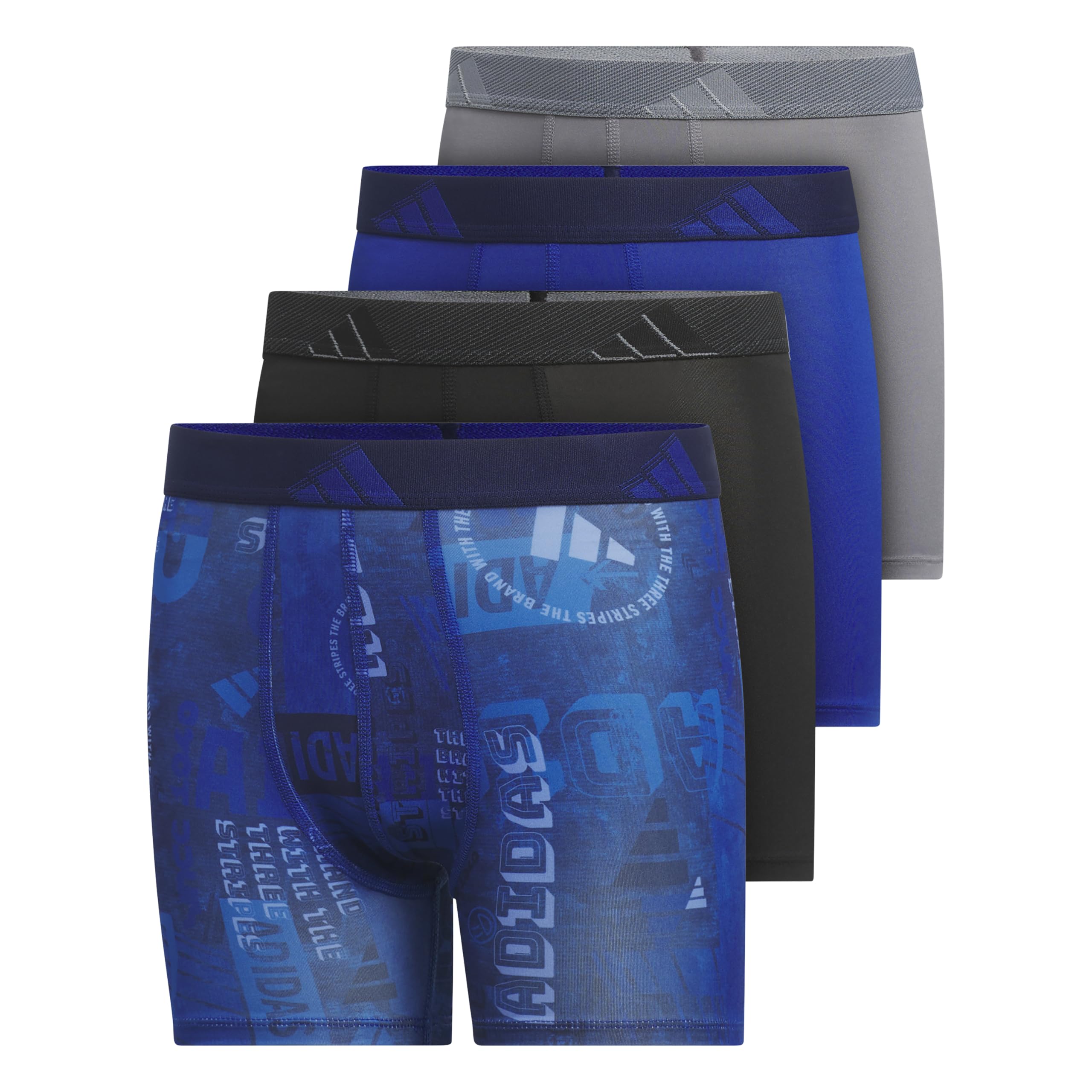 Photo 1 of adidas Boys' Youth Microfiber Graphic 4-Pack Boxer Brief, Upscaled Mix Team Royal Blue-Blue Fusion/Black/Team Royal Blue, Large