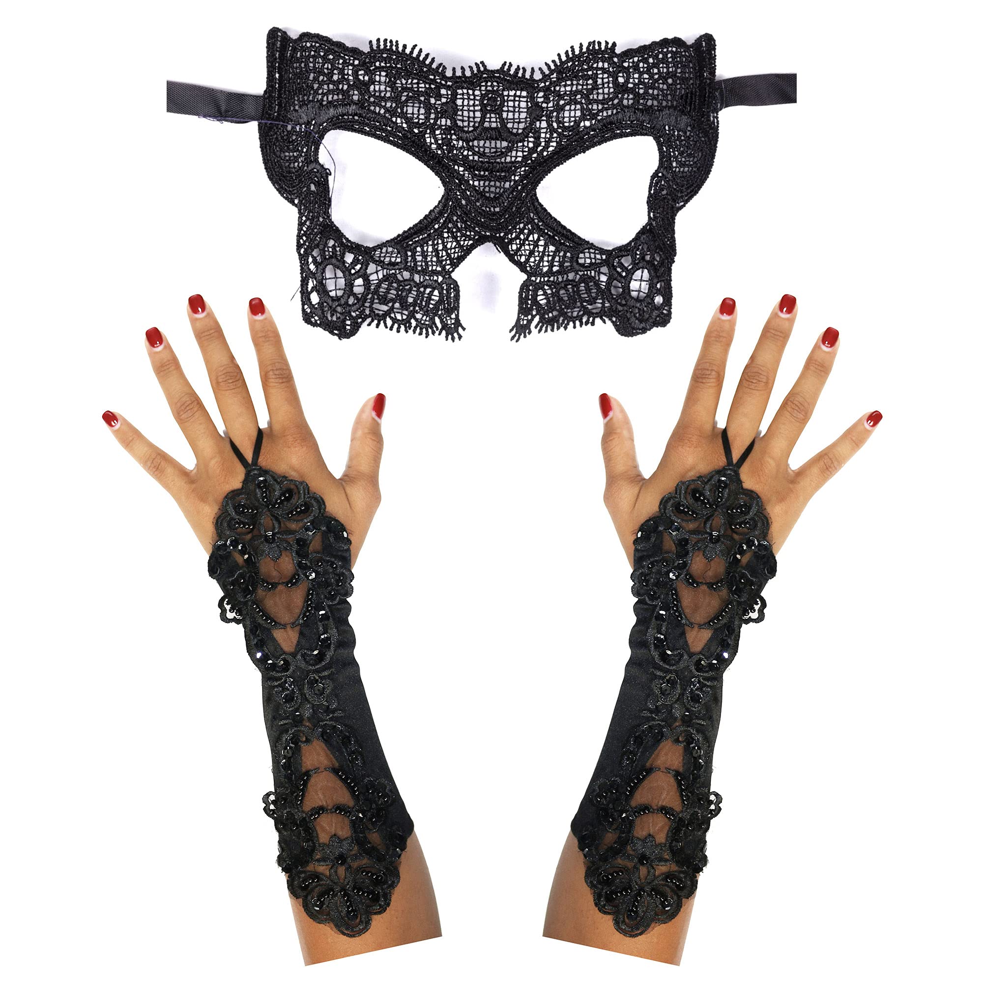 Robelli Gothic Masquerade Long Finger Loop Gloves & Venetian Lace Halloween Mask Set