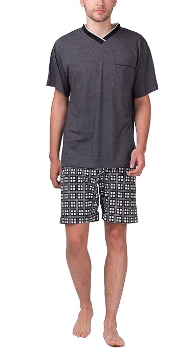 Moonline - Herren Shorty Schlafanzug kurz Pyjama mit Karierter Hose aus 100% Baumwolle