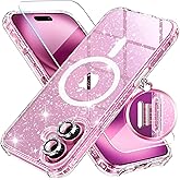 BERFY for iPhone 16 Plus Case Glitter 6.7", Compatible with Magsafe, Women Clear Bling Cute Magnetic Phone Cover, [with 9H Tempered Screen Protector] [2X Diamond Camera Lens Protectors], Shiny Clear