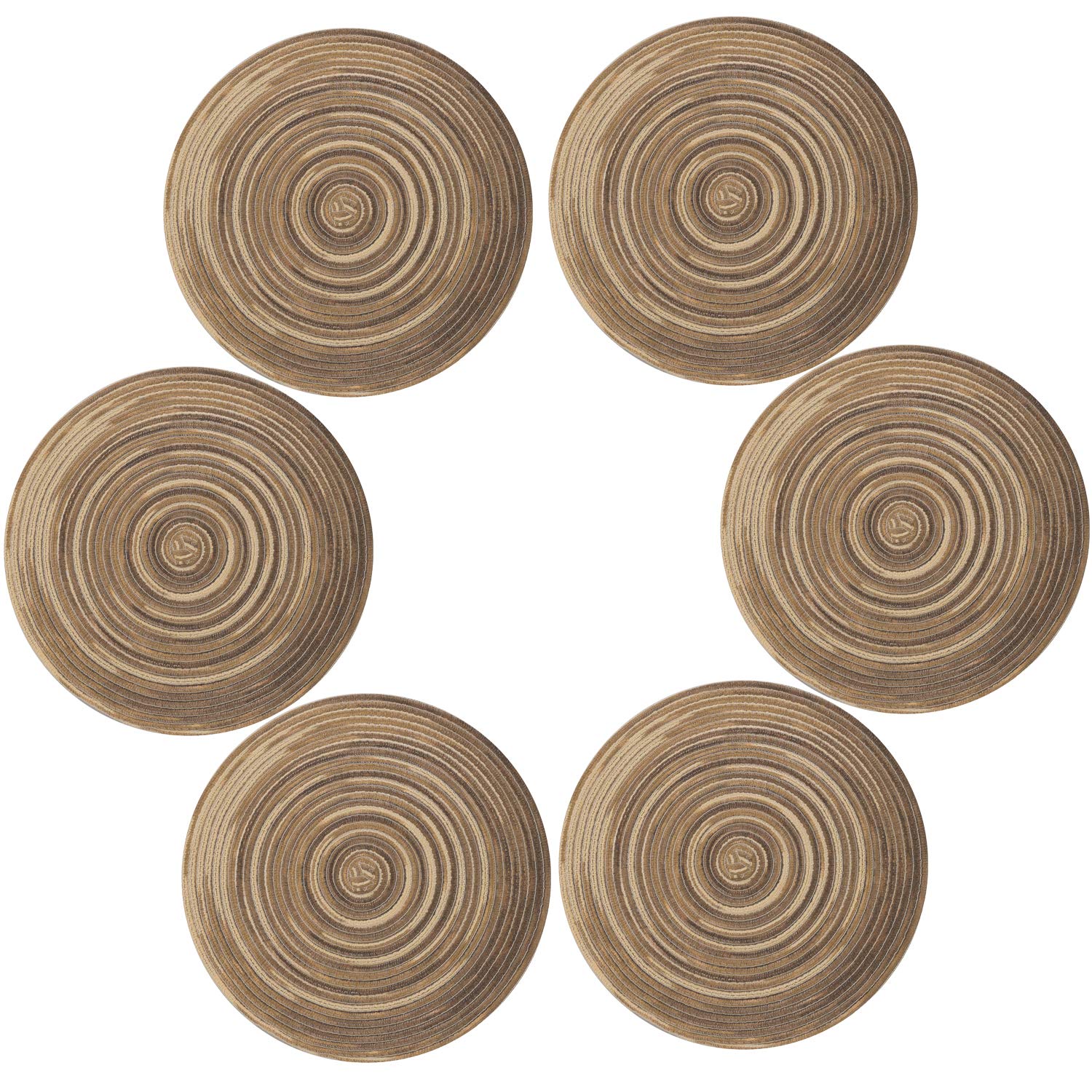 Topotdor Round Placemats Heat-Resistant Stain Resistant Anti-Skid Washable Polyproplene Table Mats Placemats (Coffee, Set of 6)