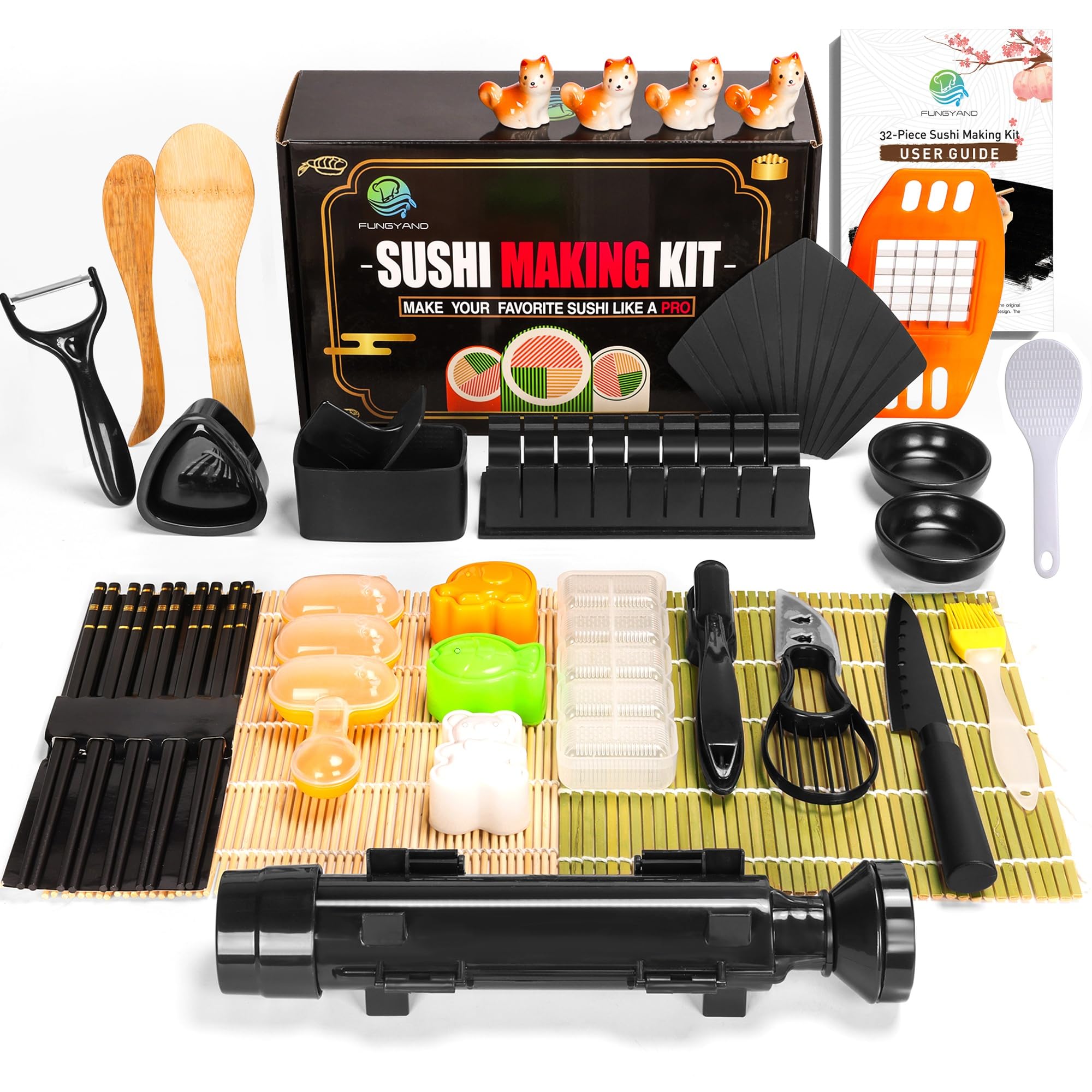 Photo 1 of FUNGYAND Sushi Making Kit, 32-in-1 Complete Set with Bazooka Roller, Nigiri & Musubi Presses, Bamboo Mats, Knife, Peeler, Animal Rice Molds, Chopsticks & More – Perfect for Family Fun