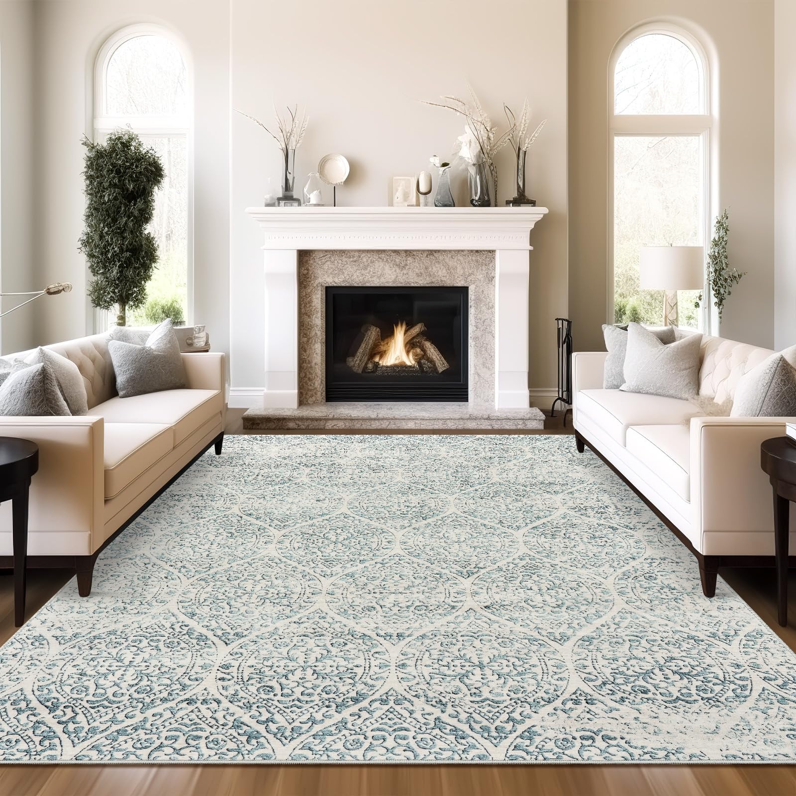 Soalmost 10x14 Area Rugs for Living Room Large Washable Rugs for Bedroom Floral Vintage Non-Slip Thin Area Rug Indoor Home Office Decor Light Blue Image