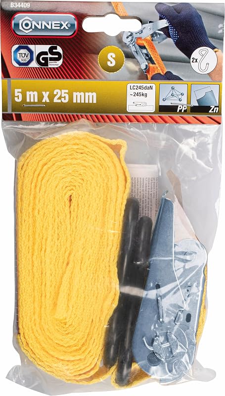 Connex B34409 Sangle d'arrimage, en Deux Parties, 5 m x 25 mm, Charge maximale : 245 kg, avec cliquet Standard et Crochets en S, en polypropylène, Sangle de Serrage, sécurité de Chargement, Sangle à