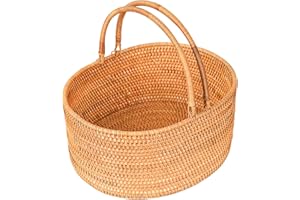 Peslran 15"×11"×6.3" Rattan Picnic Basket with Handles, Large Oval Gift Baskets, Hand-Woven Basket for Fruit, Empty Gift Basket for Festival, Wedding, Camping