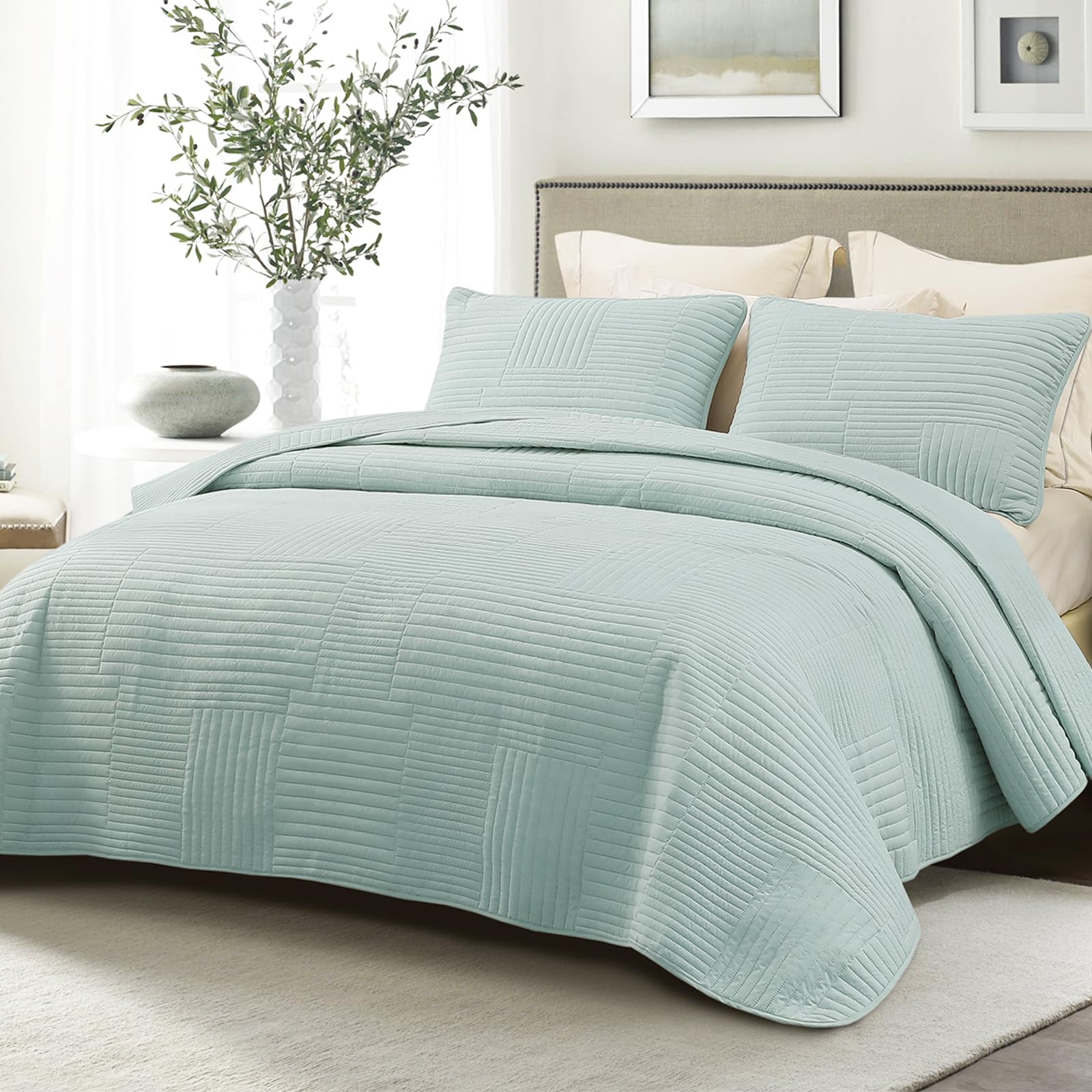 Whale Flotilla Ultra Soft Twin Quilt Bedding Set, Lightweight Microfiber Aqua Blue Quilts Bedspreads Twin Size, 2 Piece Ultrasonic Geometric Coverlet Bed Cover for All Seasons