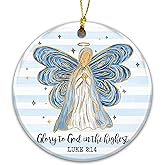 Christian Angel Christmas Ornament 2025 – “Glory to God in The Highest” Luke 2:14 – Religious Ceramic Ornament with Blue & Gold Angel, Inspirational Scripture Holiday Decoration & Faith Gift