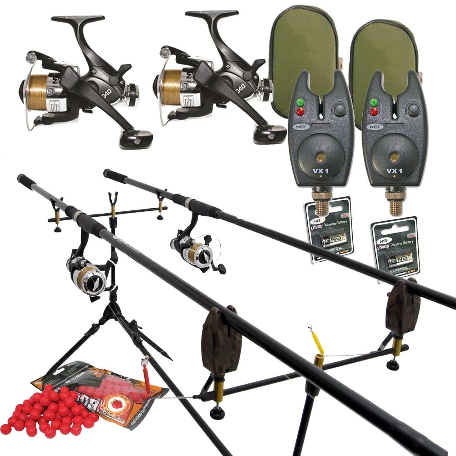 Full Carp Fishing Set Up Rods Reels Bite Alarms Rodpod PLUS 4 PACKS OF