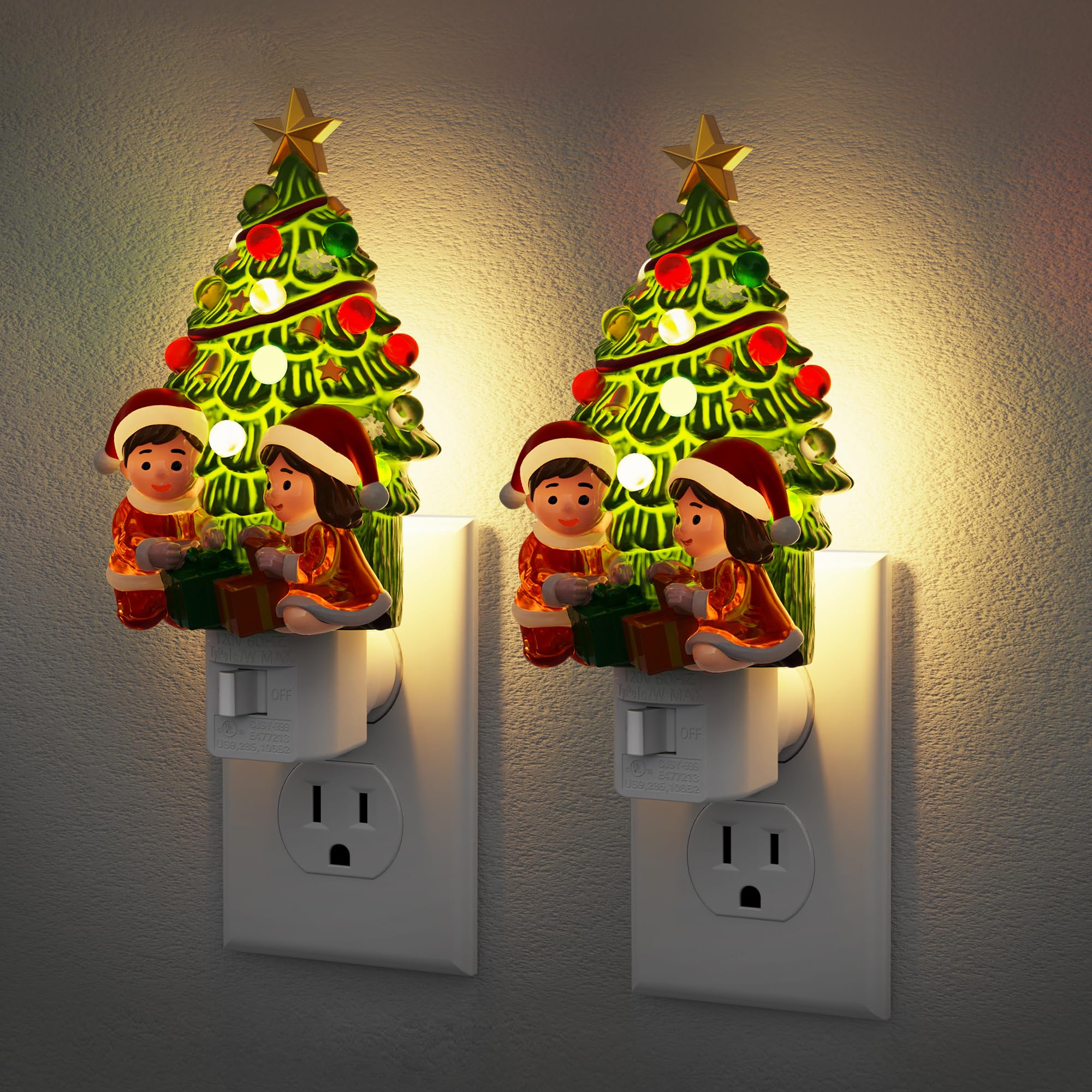 JandCase Christmas Tree & Santa Claus Night Light, 3000K Night Lights Plug into Wall,Cute & Funny Ceramics Christmas Night Light for kids, 360° Rotatable for Home Party Decor,2 Pack