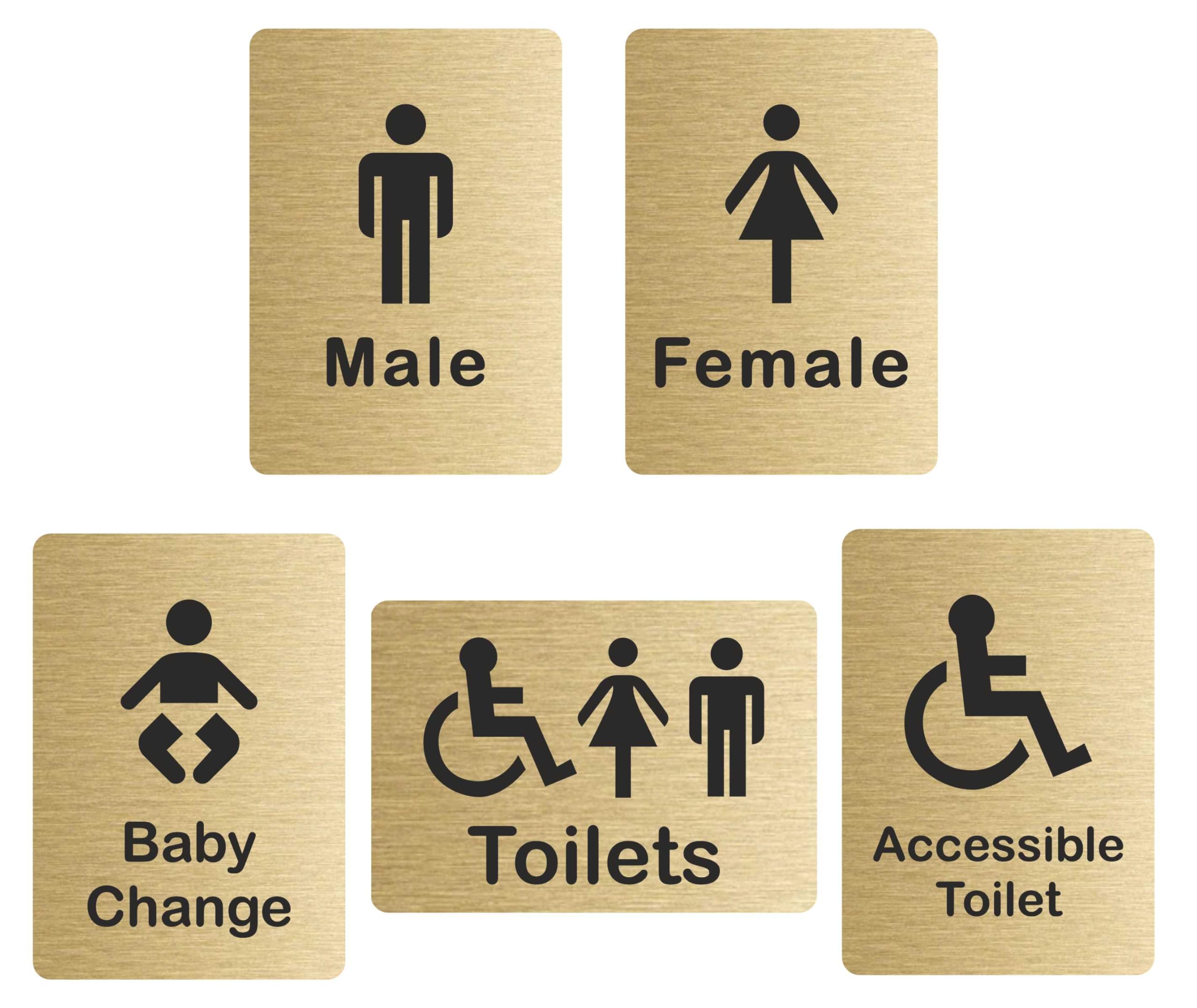 Customcard Ltd Set of 5 Aluminium Signs: Toilets, Male, Female, Accessible, Baby Chang sign–high quality, brushed gold finish with tape on the back