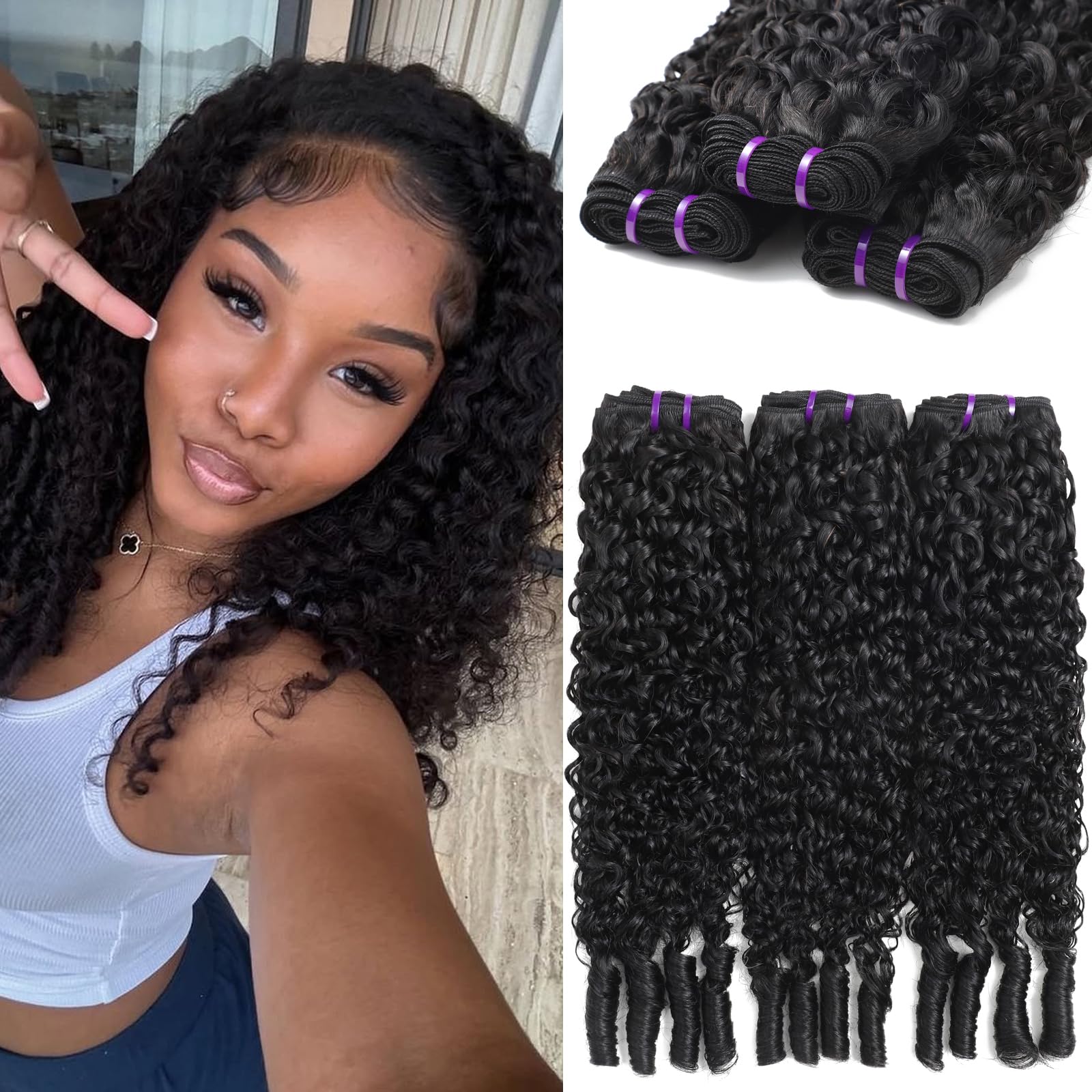 Photo 1 of PINJUOO 3C4A Burmese Curly Bundles 20 20 20 Inch Unprocessed Virgin Hair 3 Bundles Quick Weave Curly Human Hair with Spiral Ends Natural Black Color for Women