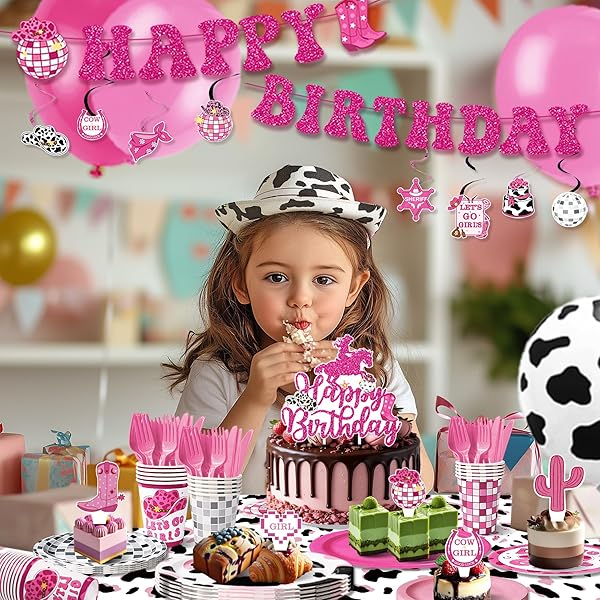 COWGIRL BIRTHDAY PARTY DECORATIONS SUPPLIES – 229 PCS WESTERN DISCO PARTY KIT WITH BANNER, PLATES, CUPS, CUTLERY, BALLOONS & TABLE COVER, SERVE 30