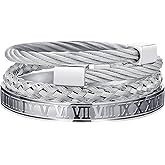 WFYOU 3PCS Stainless Steel Bracelets for Men Gold Roman Numeral Bangle Bracelet Twisted Cable Bracelet Adjustable Cuff Bracelet Mens Luxury Jewelry Bracelets Gifts