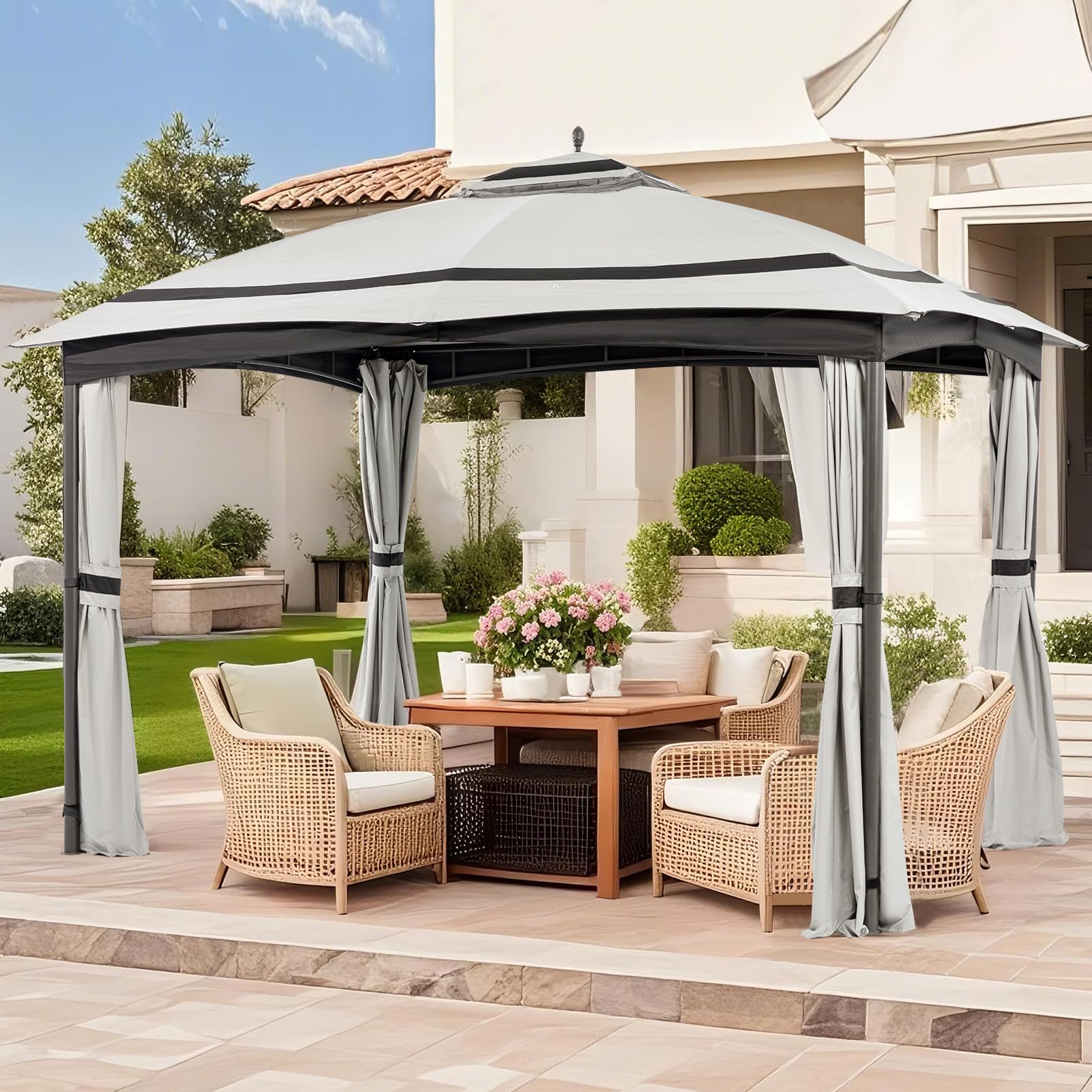 Photo 1 of 11x13 Gazebo for Patio, Gazebo with Curtains& Sandbags, Double Tier Roof Marquee Canopy for Garden, Deck, Backyard, Lawn (Grey)-Netting not Included