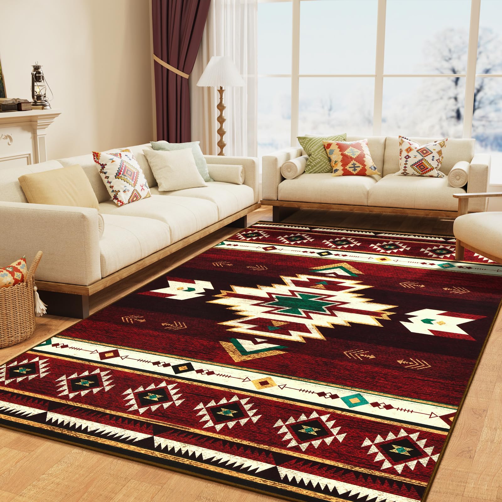 Photo 1 of B BENRON Western Rugs for Living Room, Non Slip Rustic Rug for Bedroom Dining Table Kitchen, Washable Aesthetic Area Rugs for Home Decor, 5ft x 7ft, Red