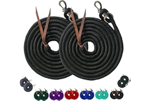 Majestic Ally 14' Pack of 2 Poly Training Lead Rope with Leather Popper for Horses & Livestock – 14 Foot Long and 5/8 inch Thick - Replaceable Heavy-Duty Bolt Snap (Black)