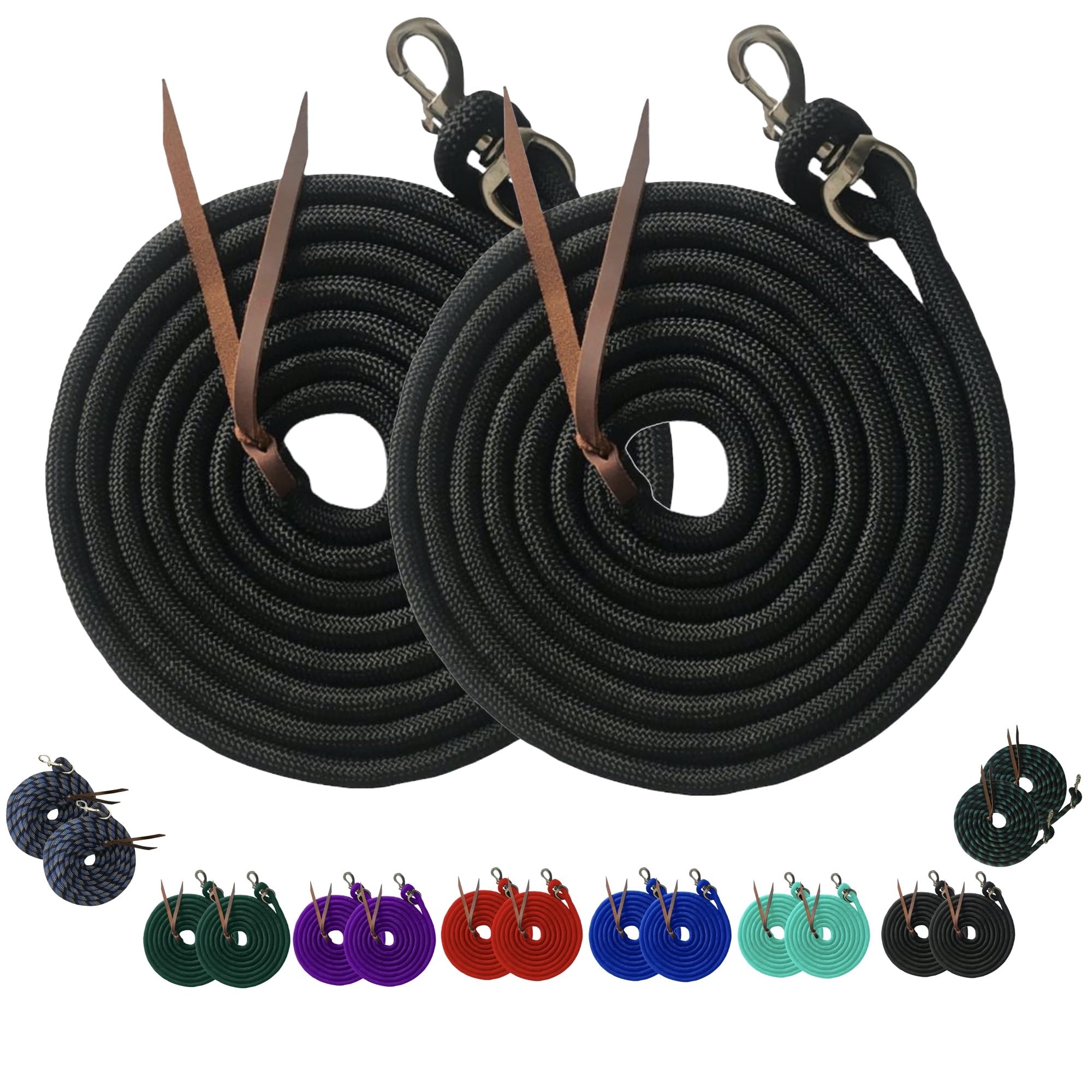 Majestic Ally 14' Pack of 2 Poly Training Lead Rope with Leather Popper for Horses & Livestock – 14 Foot Long and 5/8 inch Thick - Replaceable Heavy-Duty Bolt Snap (Black)