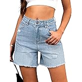 ELLEVEN Women’s Ripped Jean Shorts Trendy High Waisted Stretchy Denim Shorts Raw Hem Casual Wide Leg Mom Shorts