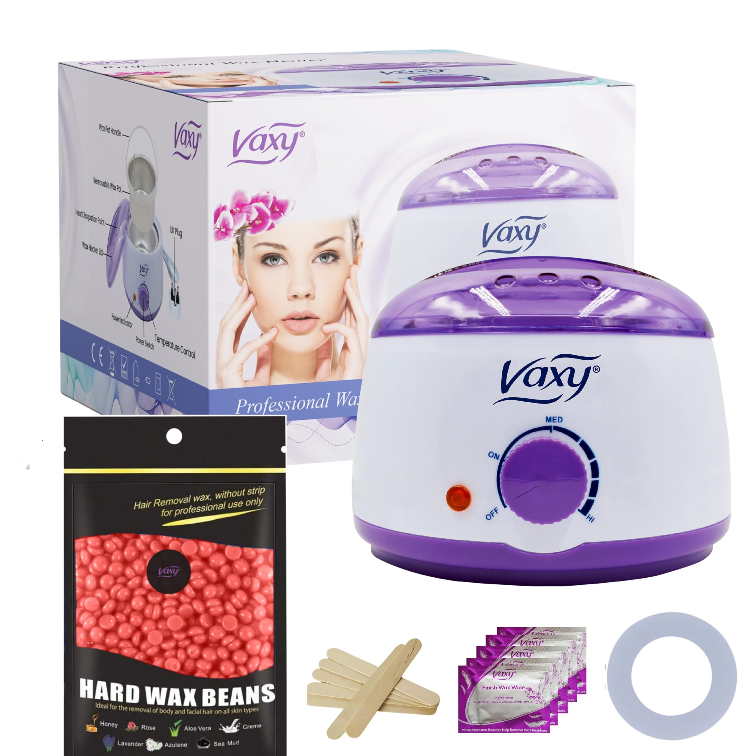 Vaxy Waxing Kit Wax Warmer Electric Wax Pot Heater with Accessories, A Complete at-Home Hair Removal Wax Kit Painless Hard Wax for full Body, face, Bikini Area, Eyebrows (Rose)