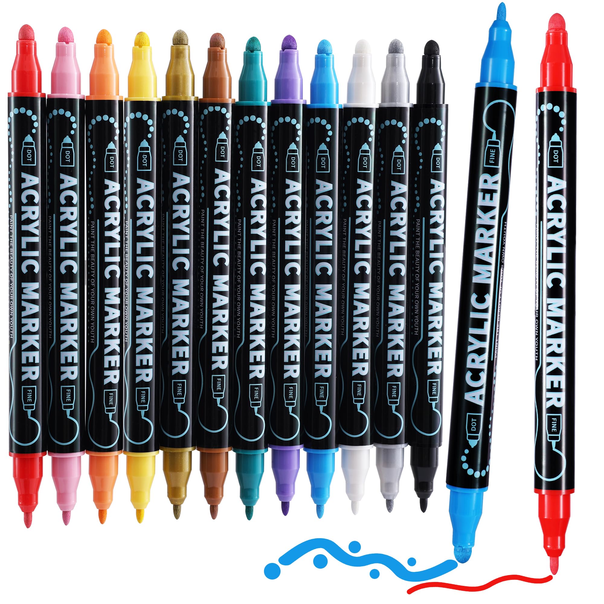 Photo 1 of 12 Colors Dual Tip Acrylic Paint Markers, Premium Dot & Fine Tip Coloring Paint Pens for Rock, Wood, Fabric, Canvas, Glass, Paper, Ceramic, Scrapbook, Vision Board and DIY Crafts Supplies Art Gifts