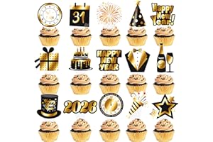 UMONI Happy New Year 2026 Cupcake Toppers 48Pcs 2026 New Years Eve Party Supplies Black and Gold New Years Party Cake Decoration for New Year Theme Countdown Decor