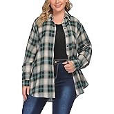 IN'VOLAND Womens Plus Size Button Down Flannel Shirts Long Sleeve Plaid Shackets Business Casual Blouse Top