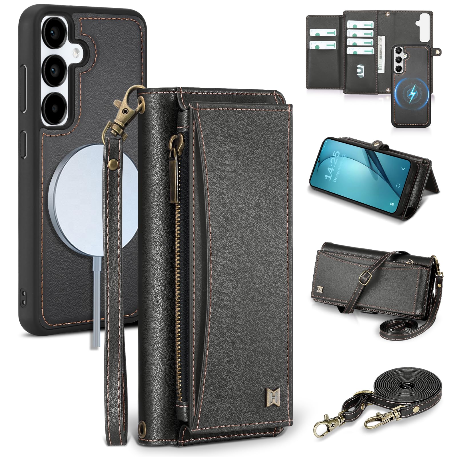BLISLIAR Wallet Case for Samsung Galaxy S24 with Card Holder/Crossbody Wallet/Strap| RFID Blocking | Magnetic | Kickstand | Detachable | PU Leather Phone Case for Galaxy S24,6.2 in,Black