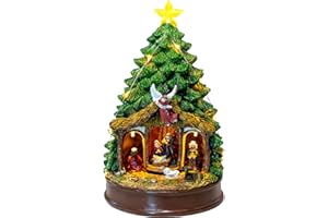 Candieslife Musical Christmas Tree Rotating Nativity Scene with Star LED Light, Holy Family Angel Figurines, Resin Material, Tabletop Decorative Christmas Tree Ornaments